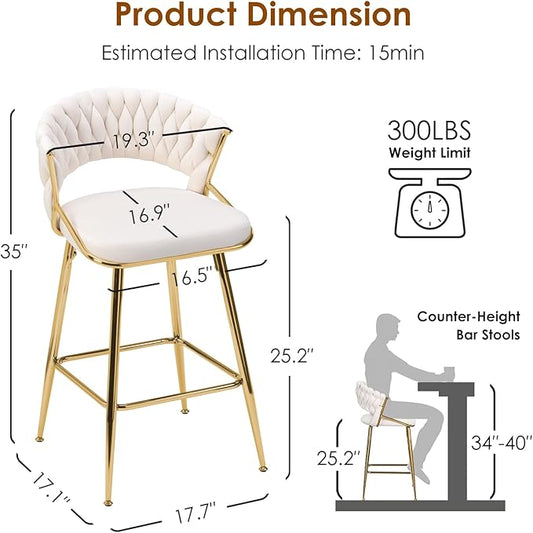 25.2" Velvet Counter Stool with Gold Accents, Ergonomic Plush Seat for Kitchen Island Bar