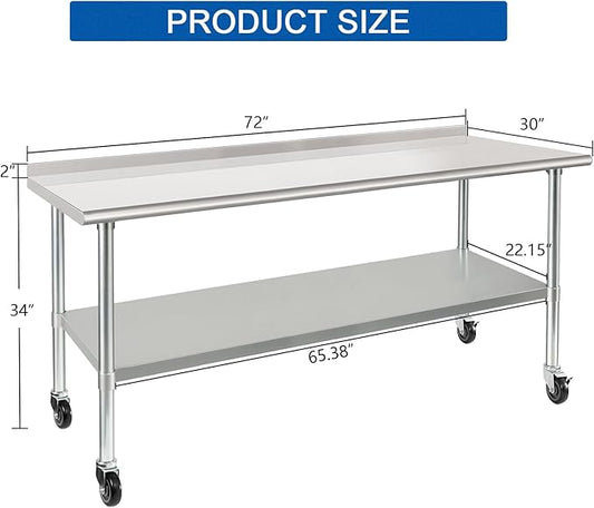 HARDURA Stainless Steel Table with Wheels 30X72 Inches NSF Heavy Duty Commercial Prep Table with 2” Backsplash and Adjustable Undershelf for Food Prep