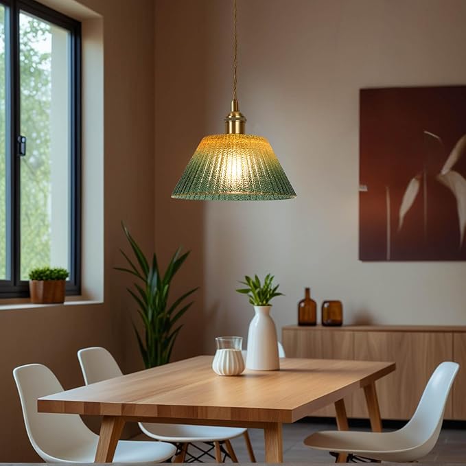 Glass Pendant Light Fixtures Adjustable Hanging Lamp, Gold Green Glass Pendant Lights Kitchen Island Dining Room Hallway Bedroom Living Room, LED Bulb Included