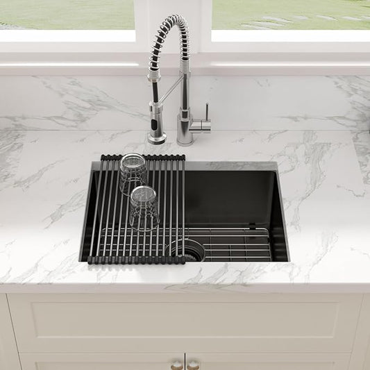 Sarlai Undermount Bar Sink Black - 23 x 18 inch Bar Prep Kitchen Sink Gunmetal Black 16 Gauge Stainless Steel 23X18 Single Bowl 10 Inch Deep Basin Sink