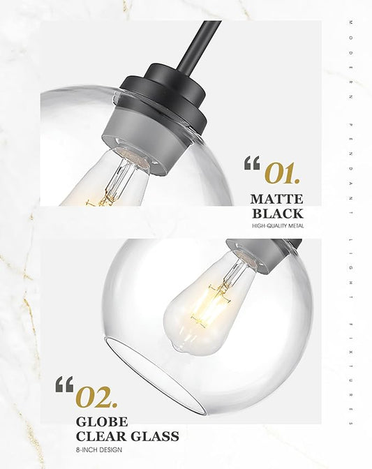 2 Pack Pendant Lights Kitchen Island, 8" Black Pendant Light Fixtures with Globe Clear Glass Shade, Modern Kitchen Island Lighting for Bathroom, AD-22280-2PL-BK