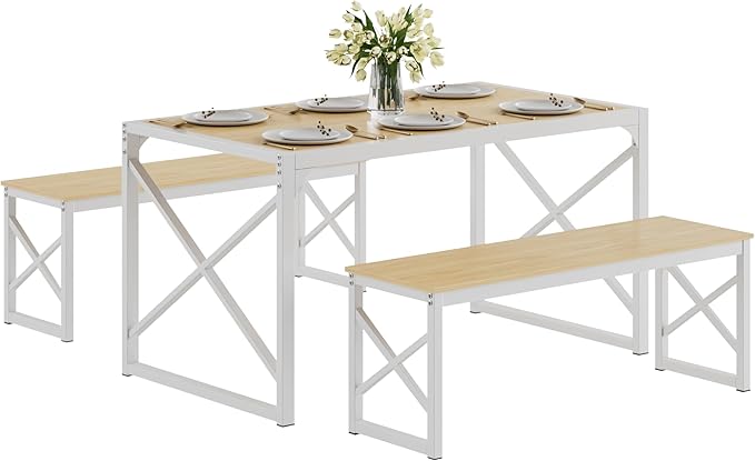 VECELO Kitchen Dining Table Benches Set for 4/6, 55" Wooden Dinette with 2 Benches, Large Embedded Desktop for Small Space, Breakfast Nook, Natural Oak