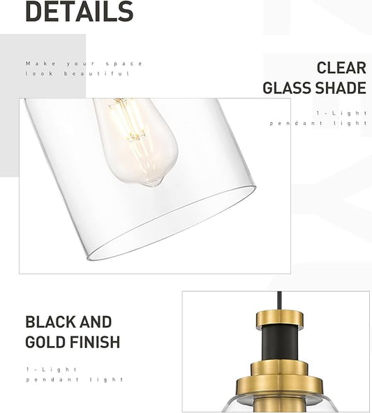 zeyu Modern Gold Pendant Light, 1-Light Glass Hanging Light for Kitchen Dining Room, Clear Glass Shade, Black and Gold Finish, ZG33M1L BK+BG