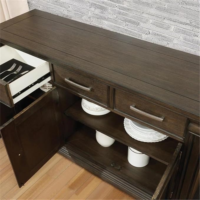 BOWERY HILL Transitional Solid Wood Buffet Server, Espresso Finish, 60" W x 18" D x 36" H, 3-Drawer Storage with Shelves and Cabinet, Fluted Column Accents, Metallic Hardware, Dining Room Sideboard
