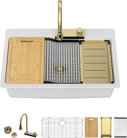 Sarlai Granite Composite Sink 33 Inch Drop In Waterfall Kitchen Sink Workstation Sink with Faucet White Quartz Classic Single Bowl Topmount Multifunction Sinks with Waterfall
