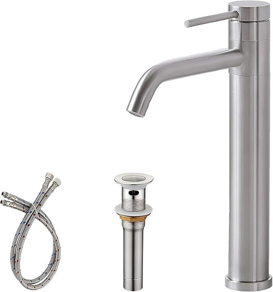 Hotis Vessel Sink Faucet Brushed Nickel, Stainless Steel Tall Bathroom Faucet with 360° Swivel Spout, Single Handle 1 Hole Bathroom Faucets with Supply Lines and Pop Up Drain, HT-TX110788L-New