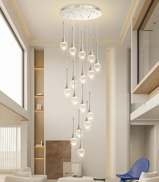 16 Light High Ceiling Crystal Chandelier Dimmable LED Pendant Lights with Remote Adjustable Chandeliers for Foyer Staircase Living Room Sivler