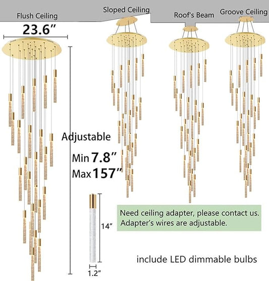 HAIXIANG 13FT High Ceiling Chandelier for Entryway Modern Crystal LED Light Glam Chandeliers for Living Room Foyer Sloping Ceiling Pendant Lighting Fixture 24-Lights Gold