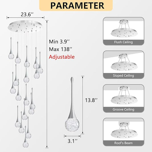 18 Light Modern Glam Crystal Chandelier for High Ceiling LED Dimmable Ceiling Pendant Light Staircase Foyer Enterway Living Room Chandelier Lighting Antique Silver