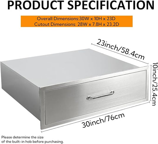 Outdoor Kitchen Drawers, 30" W x 23" D x 10" H Stainless Steel Single Access BBQ Drawer, Flush Mount Enclosed Drawer with Handle for Outdoor Kitchens & BBQ Islands, No Installation Required