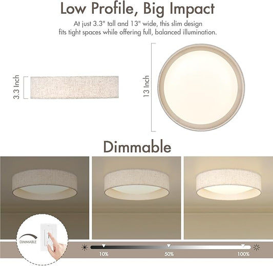 Modern Linen LED 13 Inch Ceiling Light Fixture with 24W 5CCT, Set of 2, Flush Mount Low Profile Room Lamp, Dimmable Minimalist Lighting for Bedroom, Kitchen, Hallway, Closet, Entryway, 2 Pack