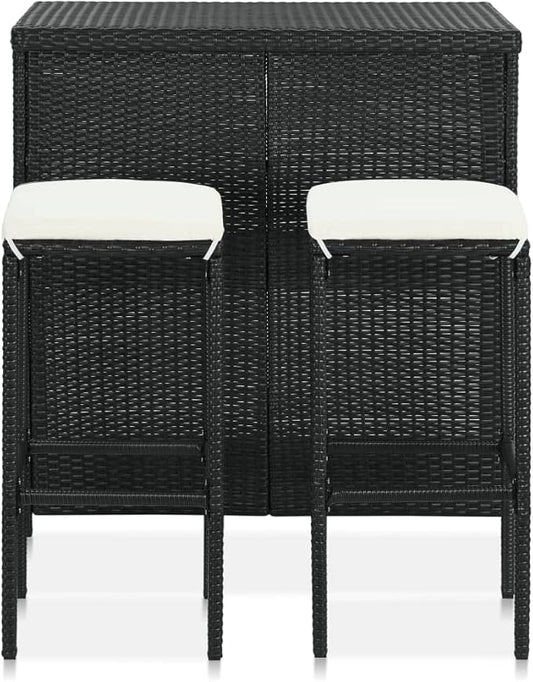 3 Piece Bar Table Set with PE Rattan Steel Frame Black Indoor Outdoor Bistro Set for Kitchen Living Room Patio Furniture