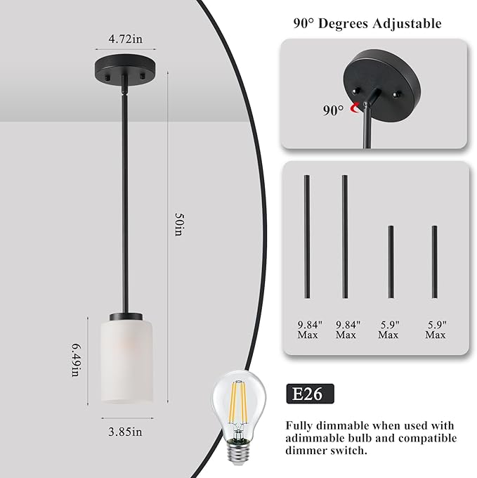 2 Pack Pendant Light Fixtures, Adjustable Kitchen Island Hanging Ceiling Lights with White Frosted Glass Shades, Black, House Indoor Light for Bedroom Living Room