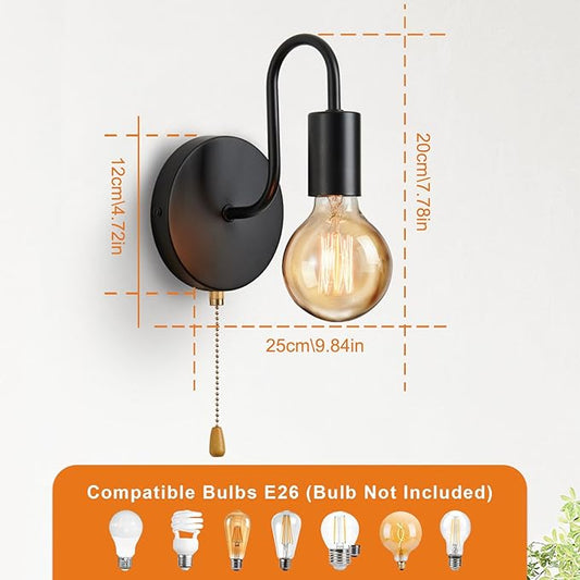 Vintage Pull Chain Wall Lights Set of Two, with Switch Black Wall Sconce E26 Industrial Wall Lamp Retro Wall Lighting Hard Wired Sconces Lighting for Mirror Bedroom Living Room Hallway