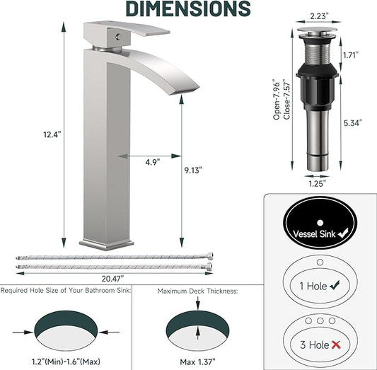 Brushed Nickel Vessel Sink Faucet, Greenspring Waterfall Bathroom Faucets, Tall Spout Single Handle Single Hole Bathroom Faucets with Pop Up Drain and Without Overflow Basin Faucet Supply Line