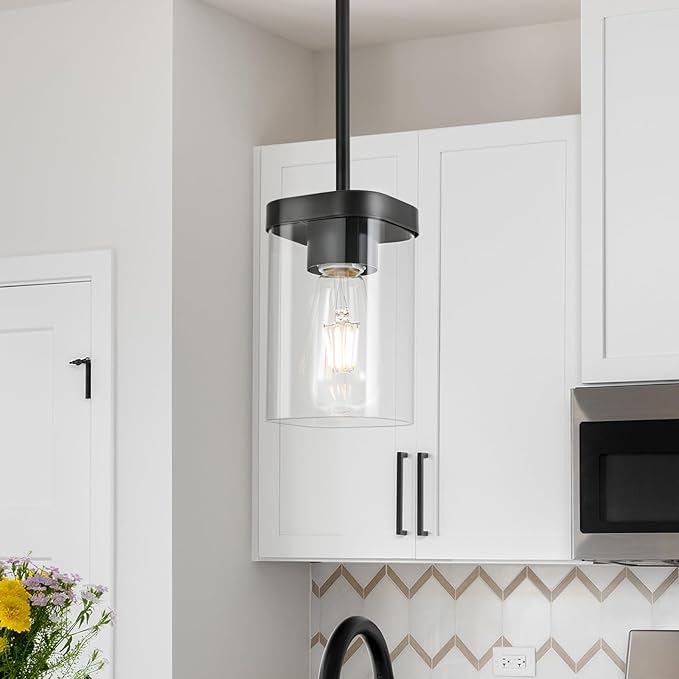 Modern Pendant Light Fixtures 2-Pack, Matte Black Pendant Lights Kitchen Island with Square Transparent Glass, Glass Pendant Light for Dining Room, Bedroom, Living Room, Farmhouse