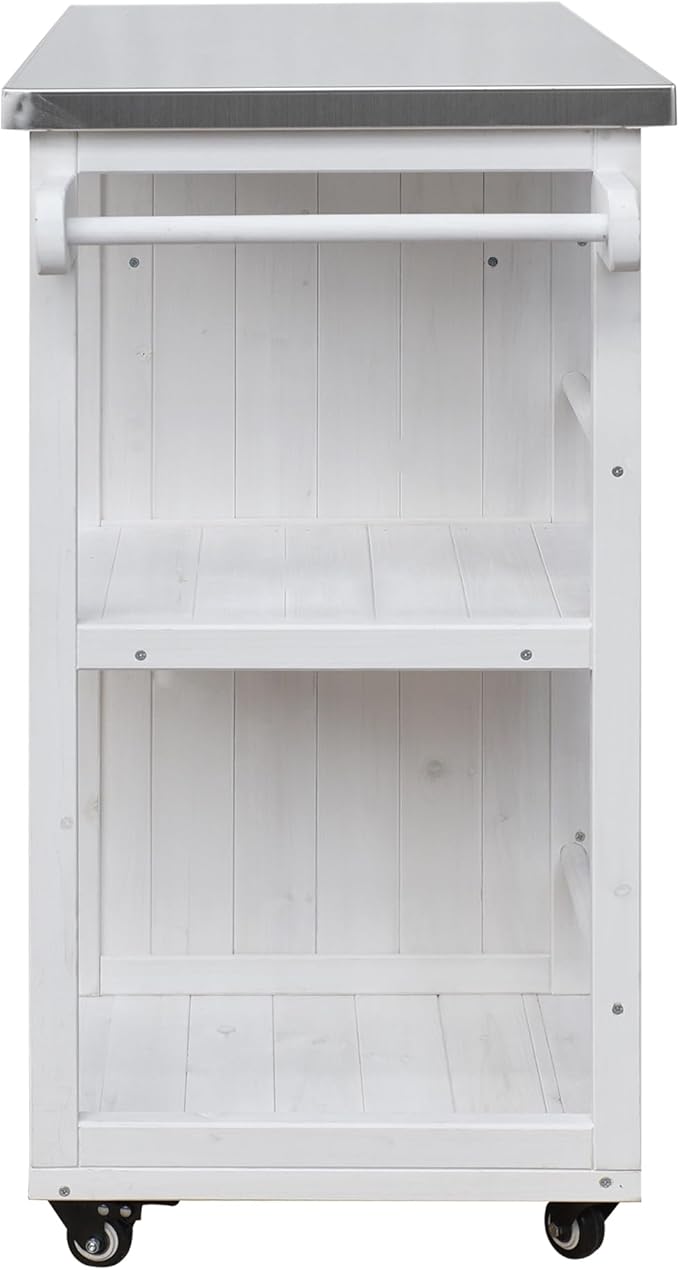 MERITLINE Outdoor Kitchen Island with Stainless Steel Top, Lockable Wheels & Towel Rack, Mobile BBQ Prep Cart with Hidden Cabinet, Drawer, Shelves for Patio, Garden, Backyard, White