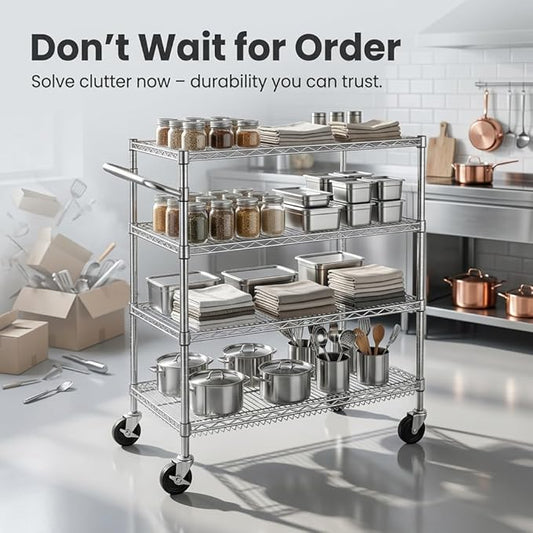 Finnhomy 4 Tier Heavy Duty Commercial Grade Rolling Cart with Handle Bar, Metal Wire Utility Cart with Wheels, Service Trolley on Wheels, Shelf Size 18" D x 30" W, NSF Listed, Chrome
