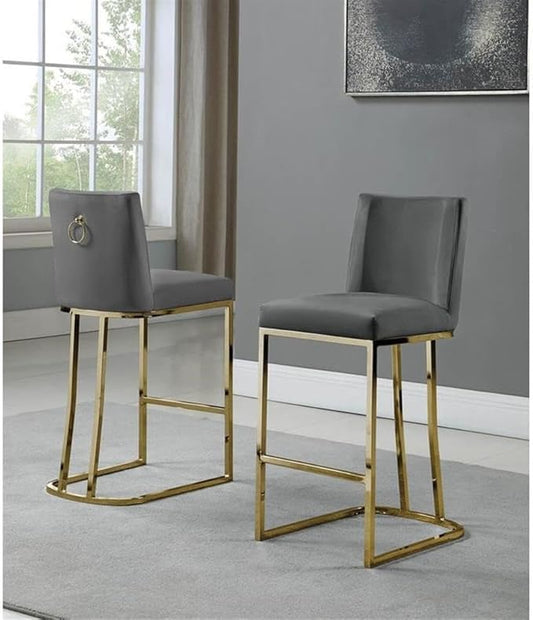 Modern Chairs Set of 2, Chrome Side Chairs & Counter Stools with Ring Pull Back, Luxury Upholstered Chairs for Kitchen Island, Dining Room & Home Bar (Velvet, Dark Gray/Gold, Counter Height Chair)