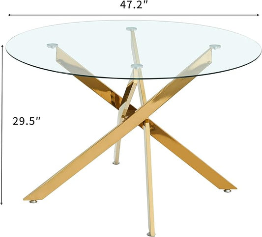 47.2'' Round Glass Dining Table for 4, Glass Round Dining Room Table with X-Shape Metal Legs, Clear Circular Top Gold Kitchen Table for 4, Perfect for Apartment Small Space