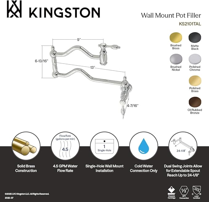 Kingston Brass KS2101TAL Tudor Wall Mount Pot Filler, Polished Chrome