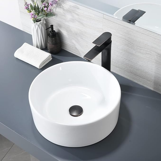 White Round Vessel Sink, BoomHoze 16"x16" Modern Countertop Circle White Porcelain Ceramic Bathroom Sink Above Counter Art Washing Basin