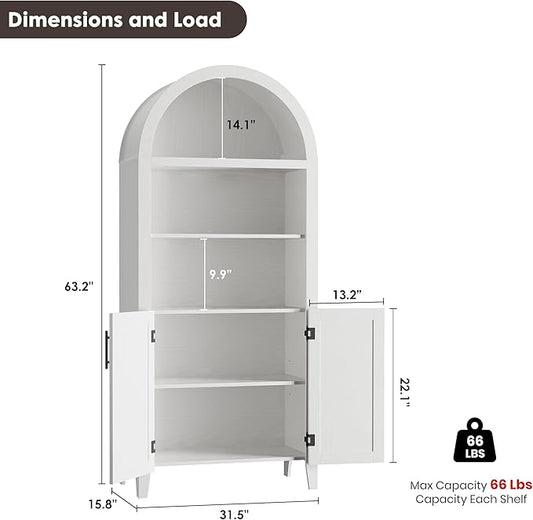 Garvee Arched Kitchen Pantry Storage Cabinet - 5-Tier Open Display Shelf with Rattan Decor, Farmhouse Storage Cabinet for Kitchen, Dining Room, Living Room, White