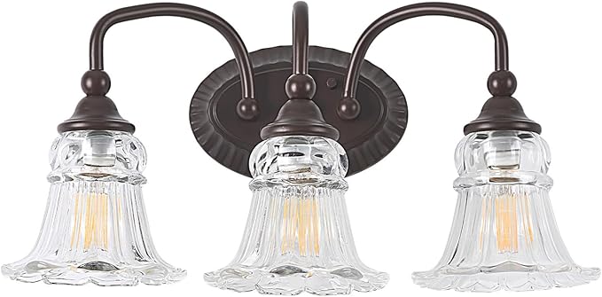3-Light Bathroom Light Fixtures Vintage Oil Rubbed Bronze Vanity Lights Over Mirror with Floral Glass Shade for Bathroom Powder Room, Living Room Hallway
