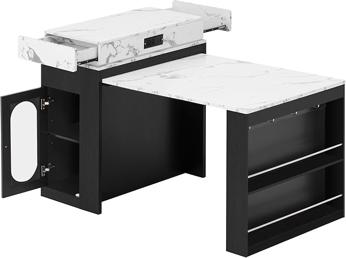 Extendable Dining Table with Folding Tabletop, Coffee Bar Table with Drawers | Power Outlet, Kitchen Island with Wheels | Hooks, Sideboard with Storage for Kitchen Dining Room (Black+Marble White)