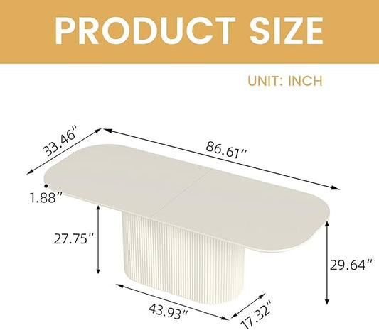 86.6“ Rectangular Dining Table for 6-8 People, Modern Kitchen Dining Room Table with Pedestal Base, Cream White Dining Table Furniture, Mid Century Large Table for Apartment Home Living Room