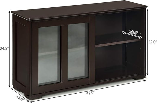 Costzon Sideboard Buffet Cabinet, Wooden Kitchen Storage Cabinet with Adjustable Shelf, Sliding Glass Doors, Accent Coffee Bar Cabinet Console Table for Living Room, Dining Room, Hallway (Coffee)