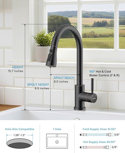 WEWE Kitchen Faucet with Pull Down Sprayer and Soap Dispenser, Oil Rubbed Bronze High Arc Single Handle Stainless Steel Sink Faucet, Suitable for Farmhouse, RV & Laundry