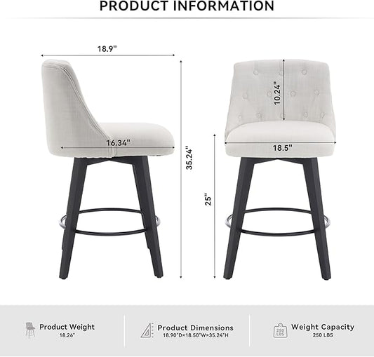 Modern Dining Chairs,Set of 2 - Sturdy and Stylish,Simple Natural Design,Counter Height Bar Stools with Line & Button Tufted Back,Solid Wood Frame Seat for Kitchen Island,Easy Asse,White-Linen-Foam