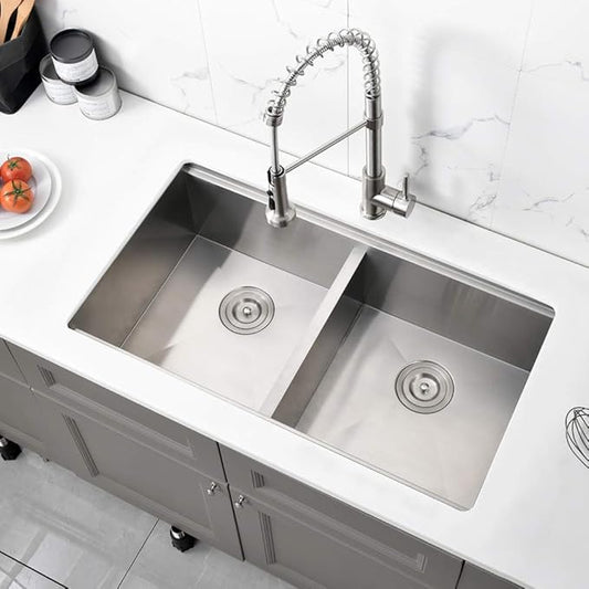 33 Inch Double Bowl Undermount Kitchen Sink Workstation-Bokaiya Stainless Steel 50/50 Double Bowl Kitchen Sink Undermount Ledge Workstation 16 Gauge 10 Inch Deep Double Basin with Cutting Board