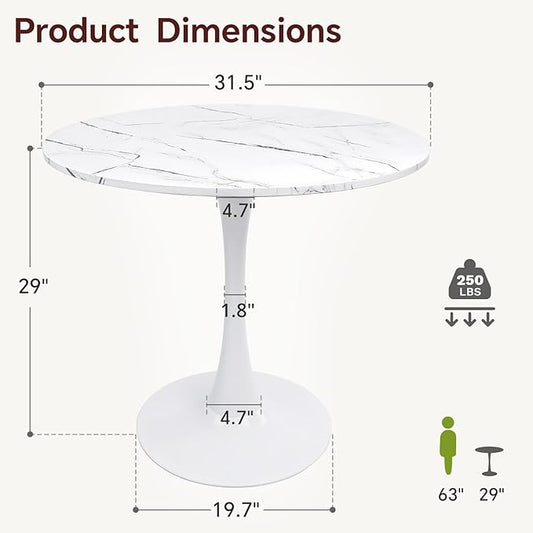 Round Dining Table 31.5" Faux Marble White Tulip Table with Pedestal Base for 2-4 People Small Space - Kitchen Living Room Cafe