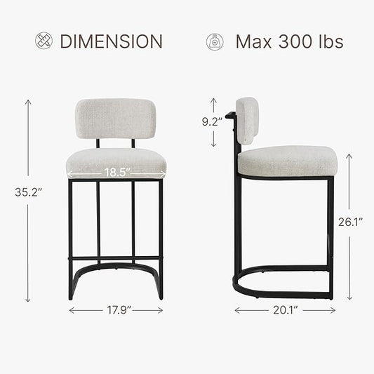 26" H Counter Height Bar Stools Set of 2, Modern Linen Fabric Upholstered Barstools with Backrest for Kitchen Island, Black Metal Frames, Wheat