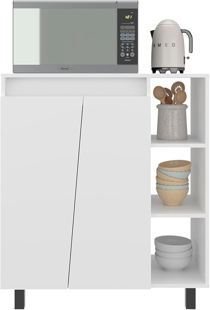 Microwave Sideboard Cabinet, Freestanding White Kitchen Pantry with 2-Door Storage 3 Open Shelves and Appliance Surface for Compact Kitchen Organization