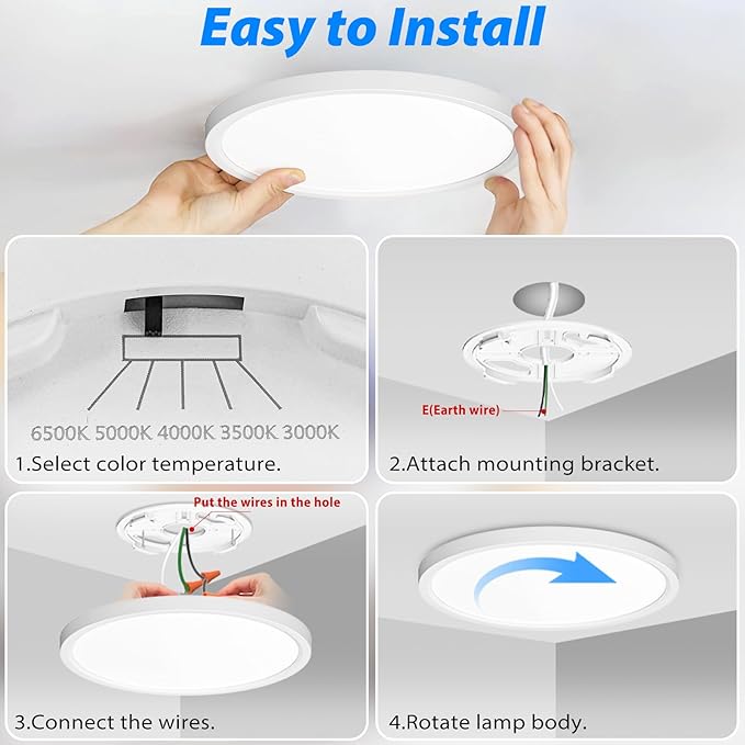 Peasur 7 inch LED Ceiling Light, 3000K/3500K/4000K/5000K/6500K Adjustable Flush Mount Light Fixture,1500LM 15W Thin White Round Lamp for Hallway Kitchen Bathroom Bedroom, 6Pack