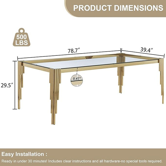 Rectangle Glass Dining Table, 81" Clear Tempered Glass Desktop with Gold Mirrored Stainless Steel Legs, Modern Elegance for 8-10 People, for Kitchen, Living Room, Office