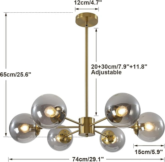 KCO Lighting Gold Globe Chandelier Smoke Bubble Glass Ball Pendant Lighting Fixture Modern 6-Light Brushed Brass Sputnik Chandelier Light Mid Century Hanging Ceiling Lamp for Living Room