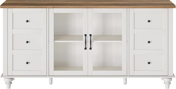 WAMPAT Sideboard Buffet Cabinets with Glass Door, Kitchen Storage Cabinets, Wood Coffee Bar Tables, Accent Sideboard Storage Cabinet Table Dining Room, Living Room, Off White