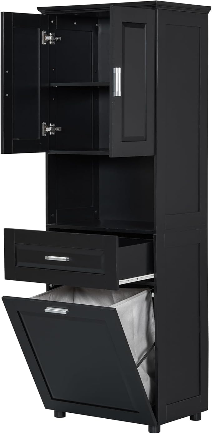 Merax 70" Tall Storage Cabinet with Laundry Hamper, 1 Drawer and Adjustable Shelf, Freestanding for Bathroom, Black
