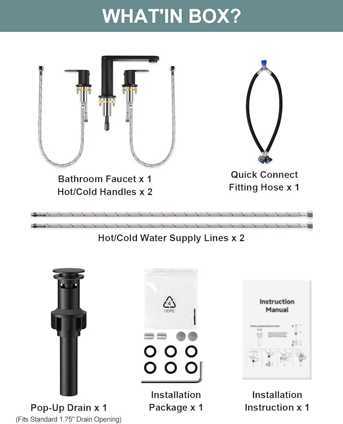 BWE Matte Black Bathroom Faucet 3 Hole - 8 Inch Widespread Bathroom Sink Faucet, Pop-up Drain and Supply Lines, 360° Swivel Spout 2-Handle Black Vanity Faucets for Bath