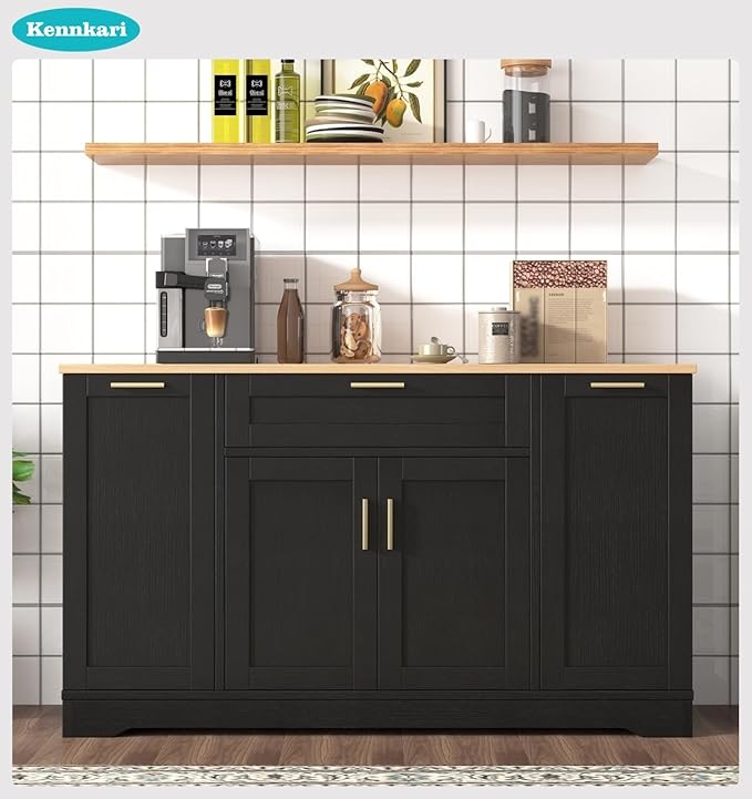 53.7'' Multi-Functional Storage Sideboard with Adjustable Shelves, Mid-Century Modern Console Table with 3-Tier Pull-Out Rack, Kitchen Island for Kitchen, Dining Room and Living Room (Black)