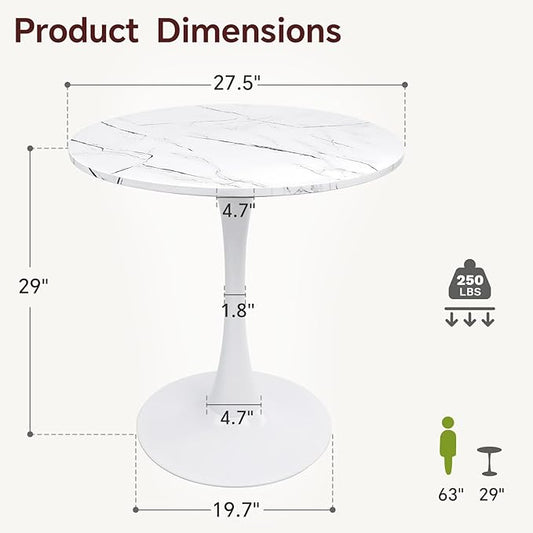 Round Dining Table 27.5" Faux Marble White Tulip Table with Pedestal Base for 2-4 People Small Space - Kitchen Living Room Cafe