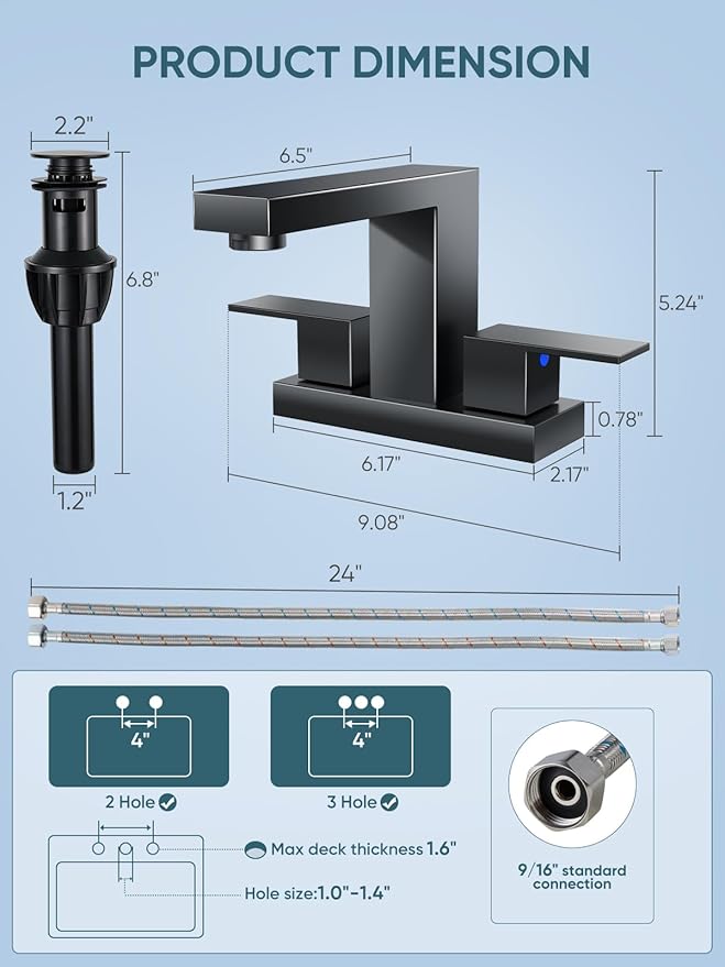 Cobbe Bathroom Faucets for Sink 3 Hole, Matte Black Bathroom Sink Faucet Square 4 Inch Centerset with Pop-Up Drain, 2 Handle and 2 Supply Hoses, Lead-Free Stainless Steel for Vanity, Rv, Farmhouse