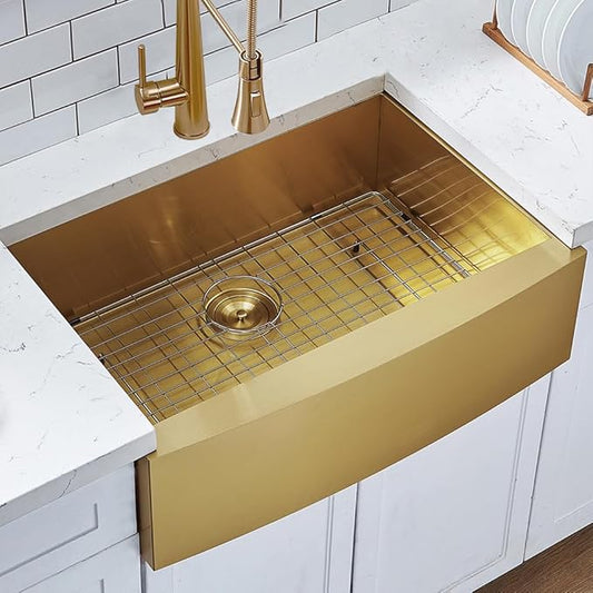 HOTIS Gold Farmhouse Sink, 30 Inch Gold Kitchen Sink, Flat Apron-Front Undermount Drop In Farm Sinks, Stainless Steel Single Bowl Handmade Farmhouse Kitchen Sinks With Accessories