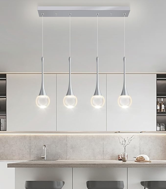 Rectangular Crystal Pendant Light for Kitchen Island 4 Light Dimmable Crystal Chandelier Lighting Fixtures with Remote for Dining Room Living Room Silver