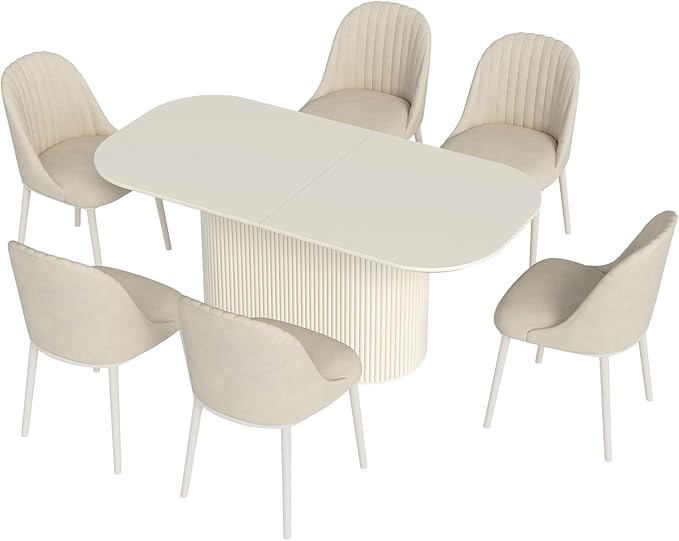 Miuuod 70" White Dining & Kitchen Table Set, Solid Kitchen Table with 6 Chairs,Large Rectangular Dinner Table with Rounded Corners for Dining Room,Home Office,Living Room Furniture,Cream White