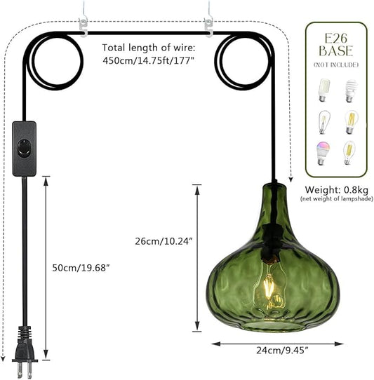 Plug in Pendant Light Fixture,Vintage Hanging Lamp with Cord Hammered Green Glass Globe Shade Mid-Century Modern Ceilig Pendant Lamp Plug in Hanging Lamp for Bedroom Dining Living Room